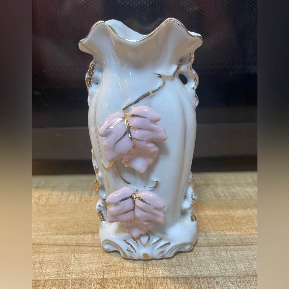 Vintage Hand Painted Ceramic/Porcelain White Mini Bud Vase Featuring Pink Leaves